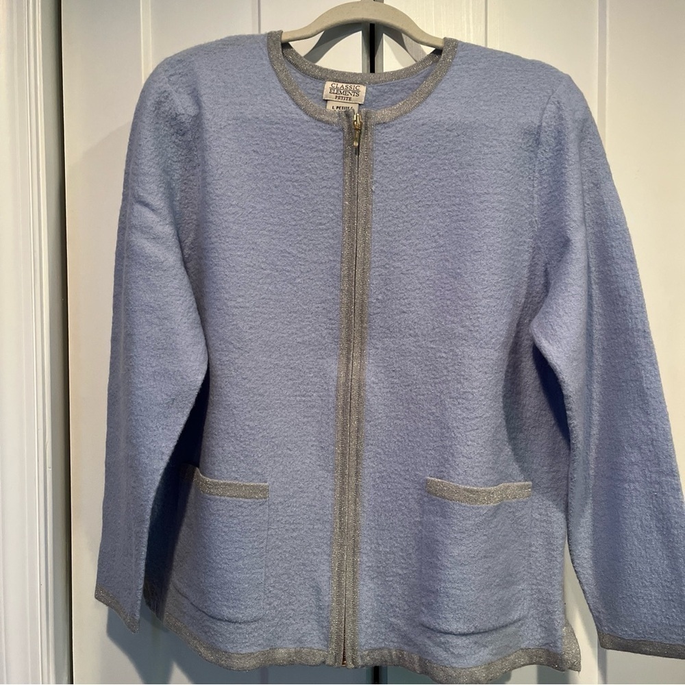 VTG Classic Elements 100% wool blue and silver zip cardigan sweater Large Petite